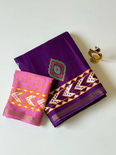 Mul Cotton Saree - Rani Pink with Peach Orange Contrast